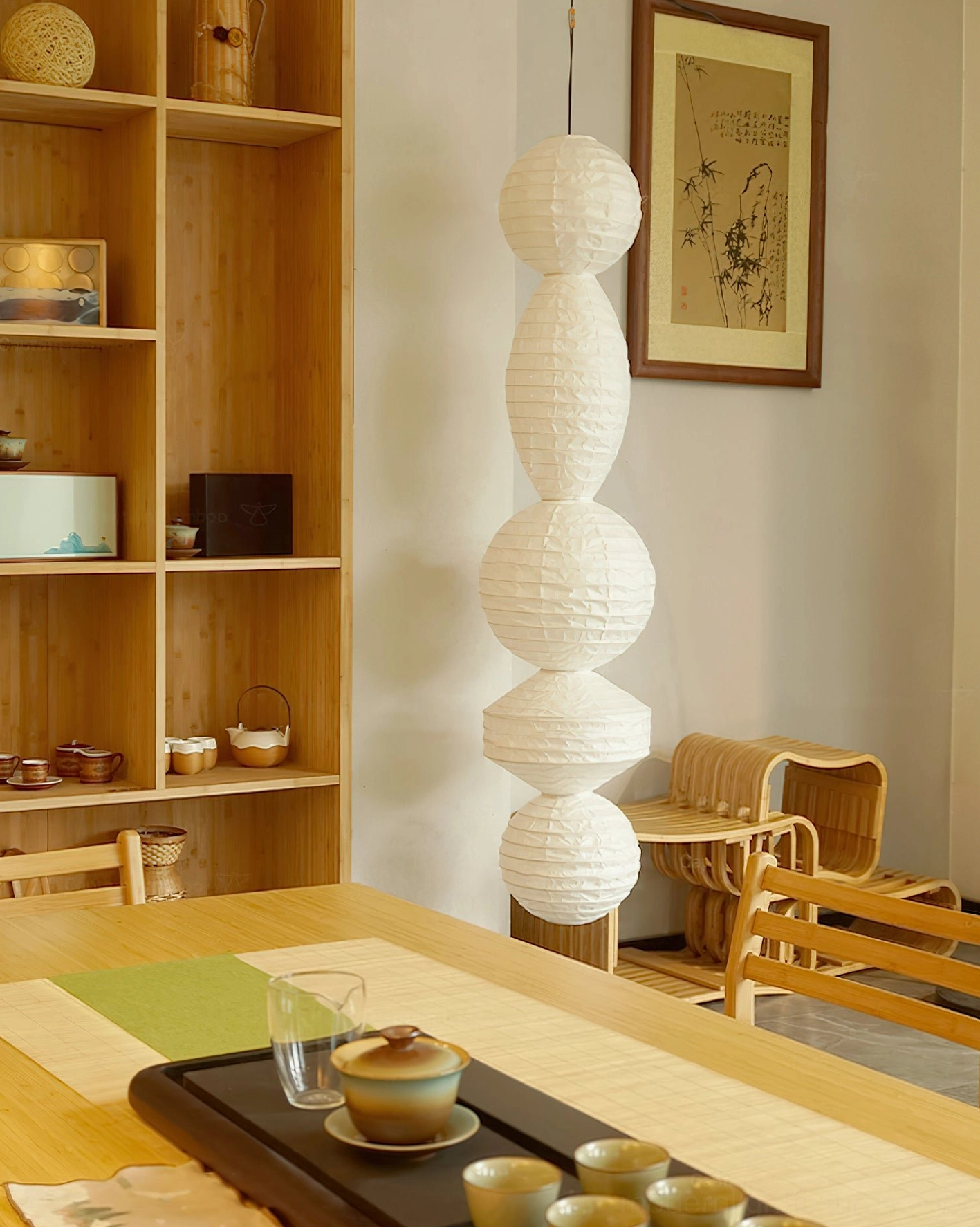 Akari Tayo Model C tall white washi paper pendant light, maximum height design option