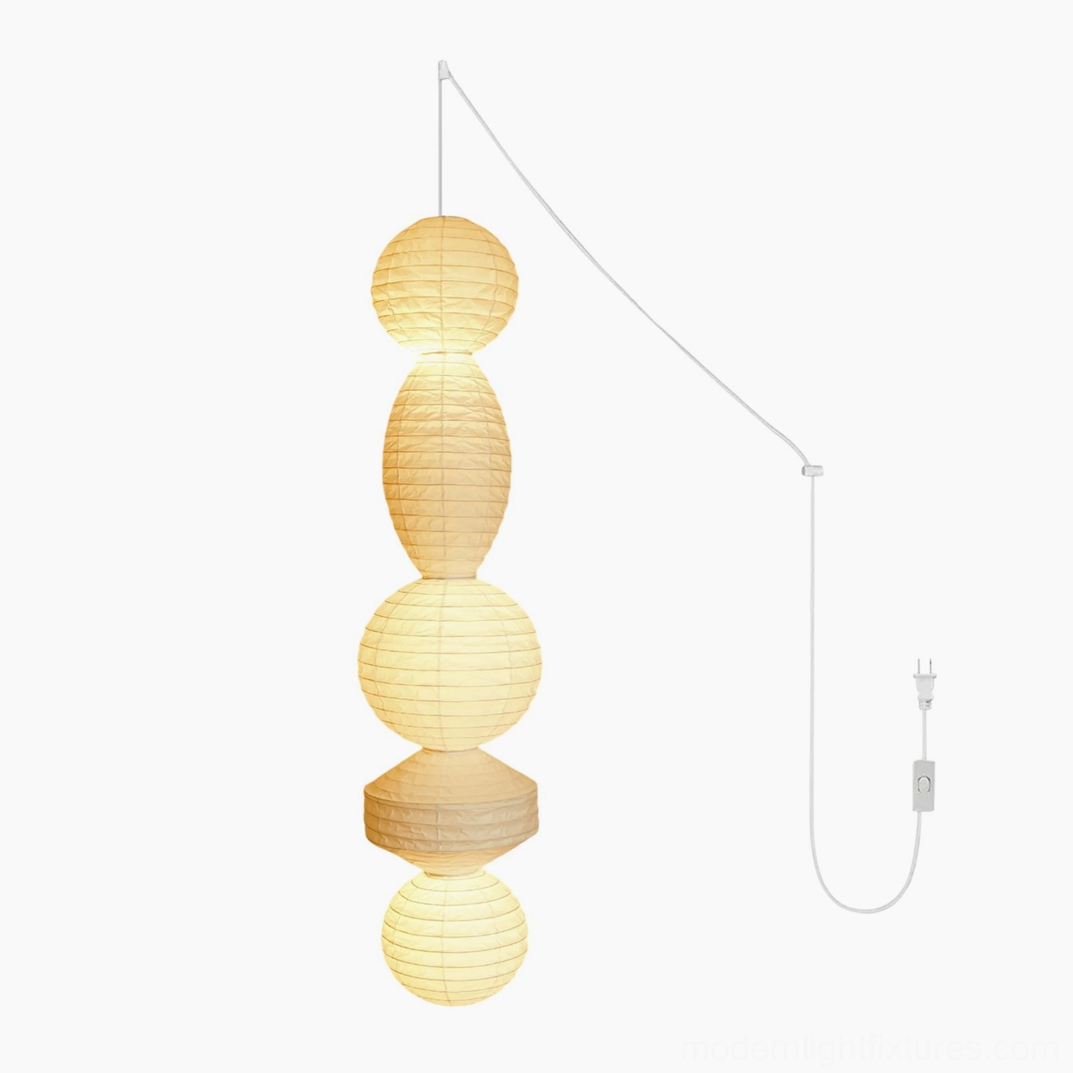 Akari Tayo Model C tall washi paper pendant light with white cord, maximum vertical height