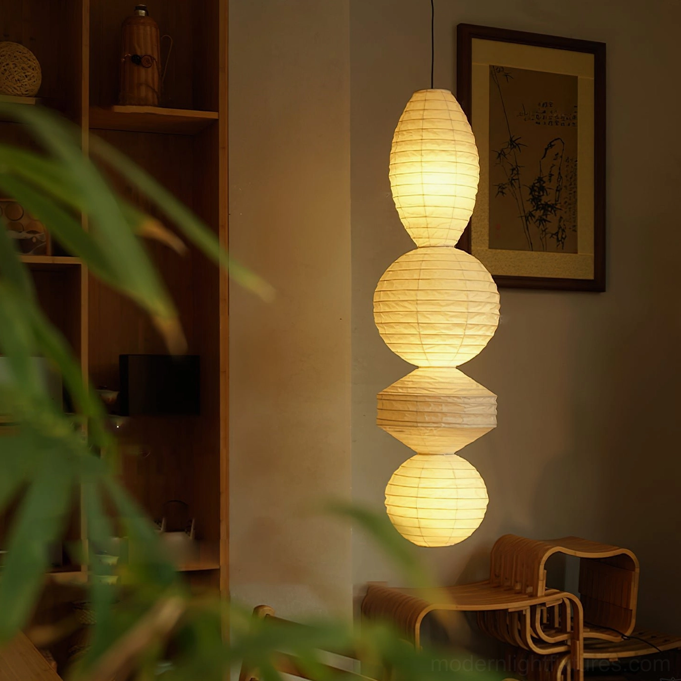Akari Tayo plug-in pendant light with adjustable cord, Japanese washi paper construction detail