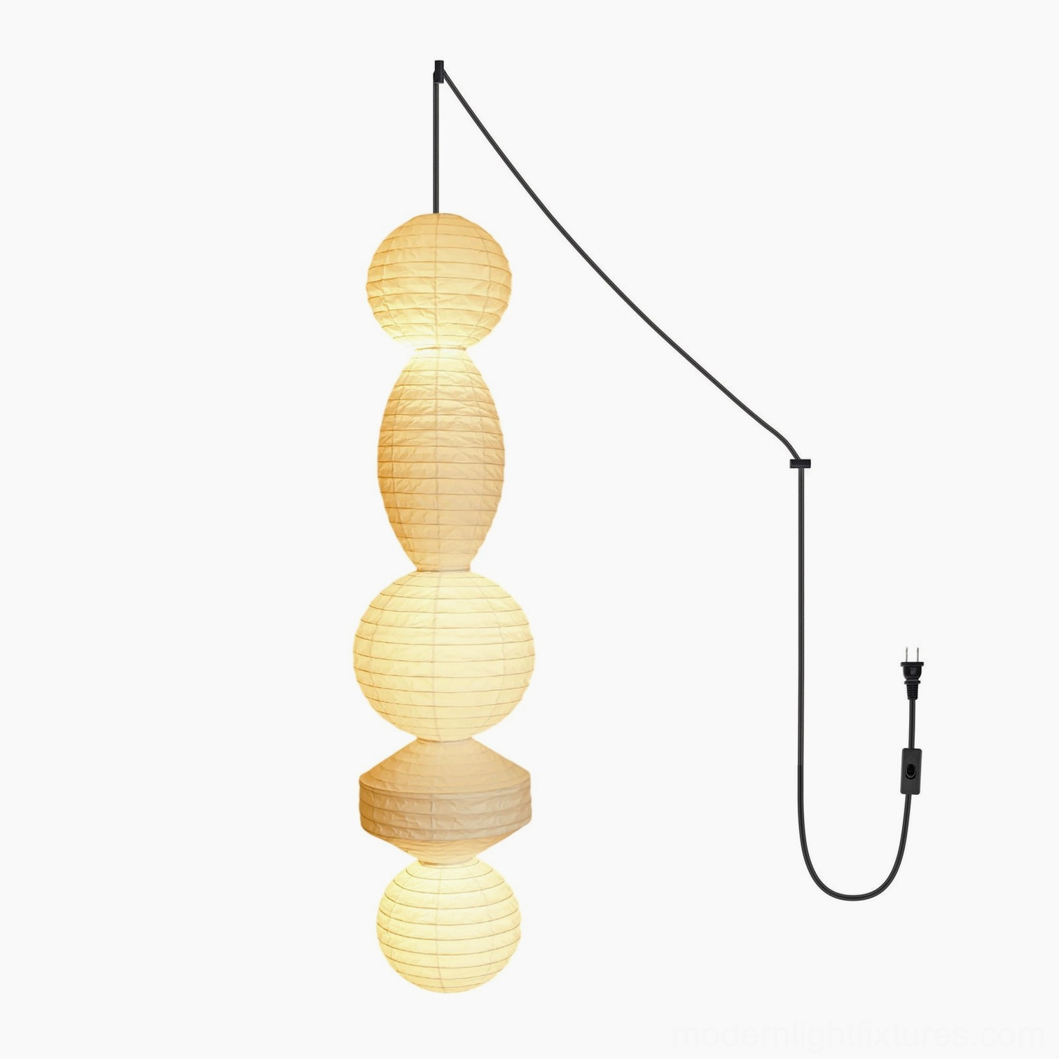 Akari Tayo stacked paper pendant light with black wire, modern minimalist interior accent
