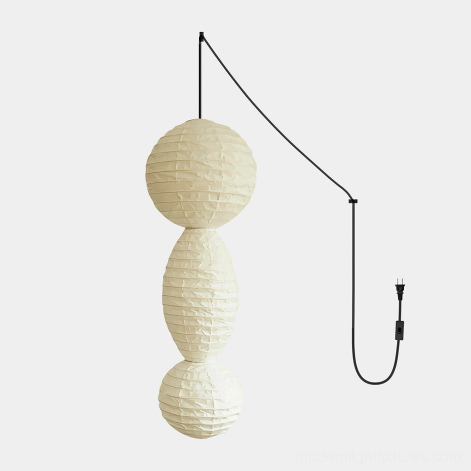 Akari Tayo white washi paper plug-in pendant light with crinkled texture, front studio view