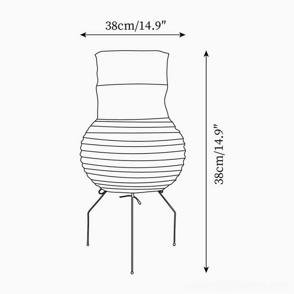Akari UF1-S table lamp technical schematic and product dimensions, 38cm diameter x 38cm height, orthographic line drawing