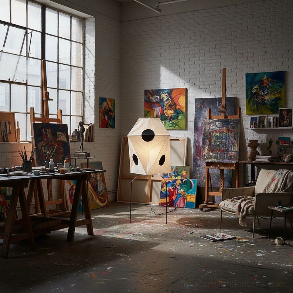 Akari UF3-Q handcrafted floor lamp creating atmospheric lighting in modern home interior