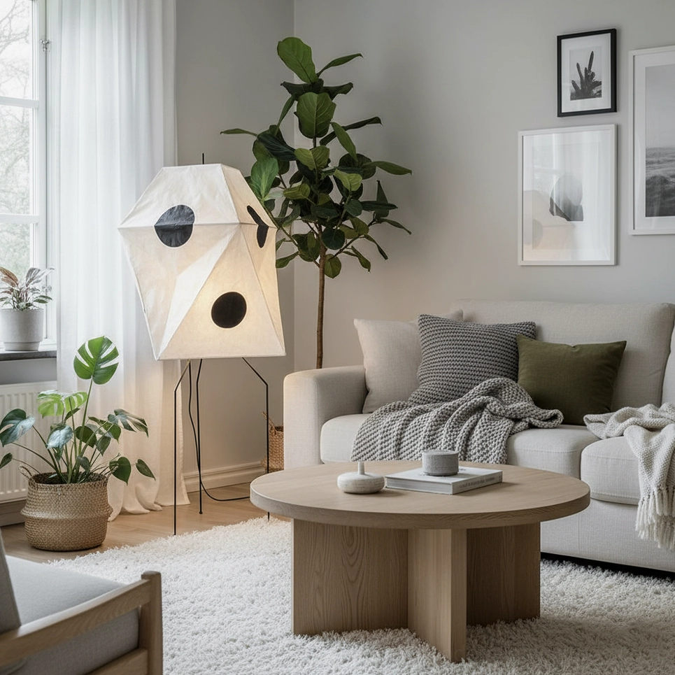 Akari UF3-Q paper floor lamp creating warm ambient light in cozy minimalist living area with plants