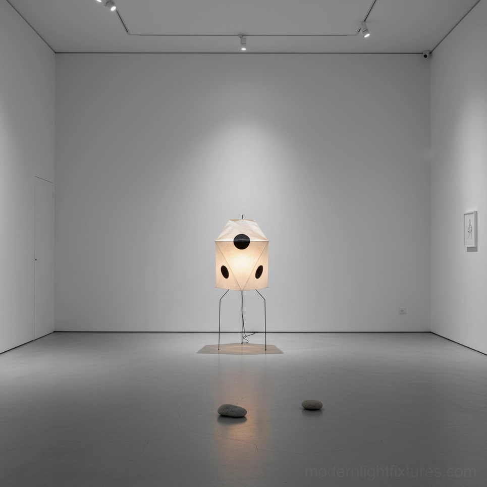 Akari UF3-Q Japanese paper floor lamp with metal tripod base in contemporary minimalist space