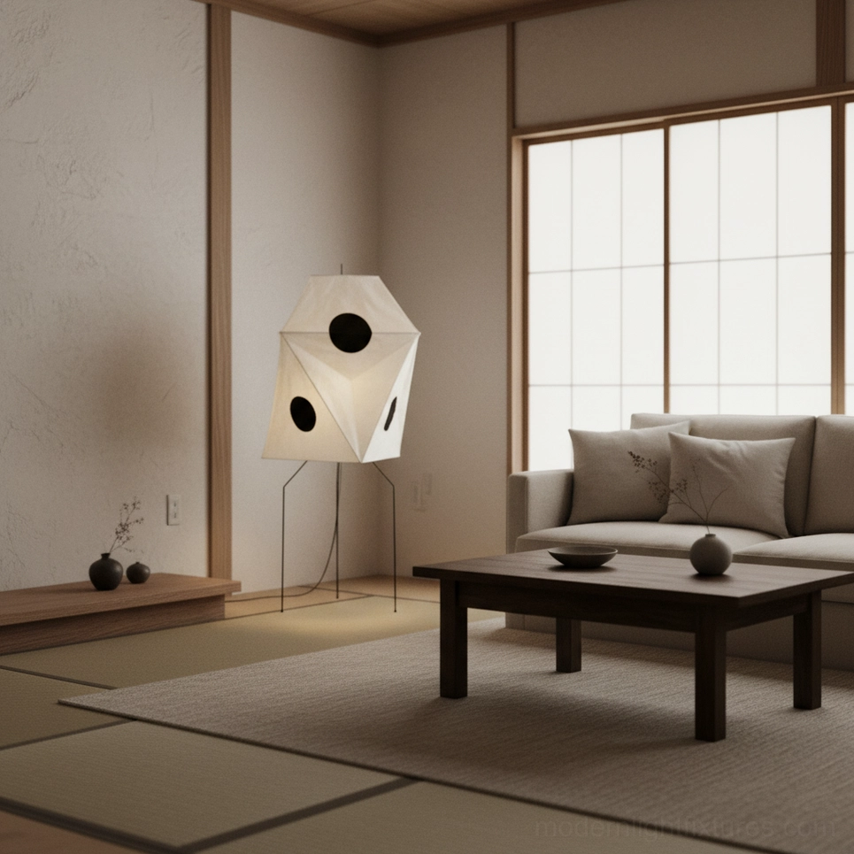 Akari UF3-Q Japanese minimalist floor lamp with polka dots in tatami room corner