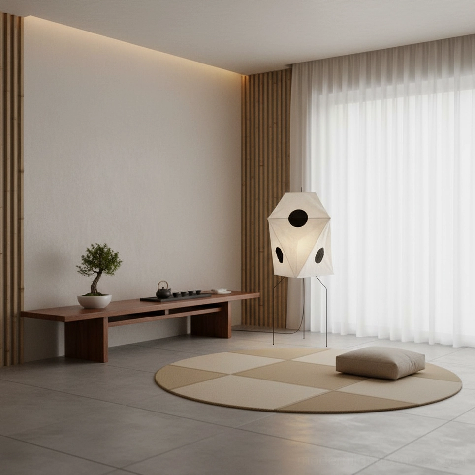 Akari UF3-Q washi paper floor lamp close-up detail of polka dot pattern and soft light diffusion