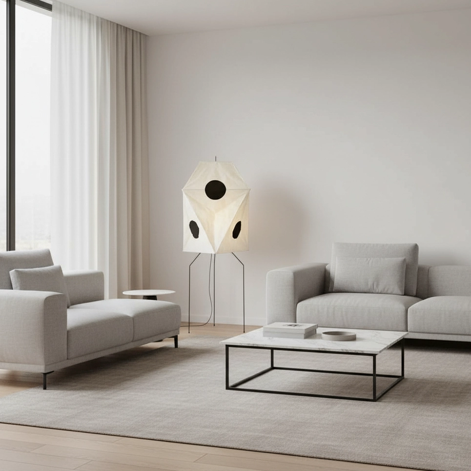 Akari UF3-Q handcrafted paper floor lamp illuminated in Scandinavian living room with modern sofa