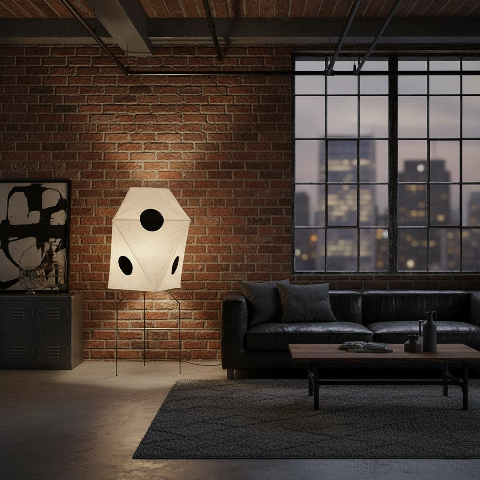 Akari UF3-Q Japanese washi floor lamp artistic sculptural form in neutral home setting