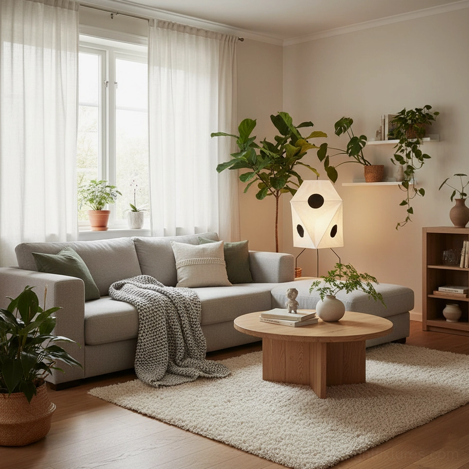 Akari UF3-Q Japanese handcrafted floor lamp in spacious family living room with greenery