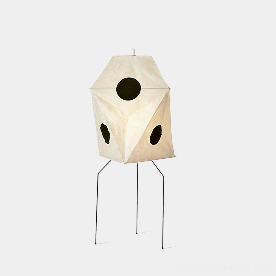 Akari UF3-Q handcrafted Japanese paper floor lamp with polka dot pattern and metal tripod base on white background