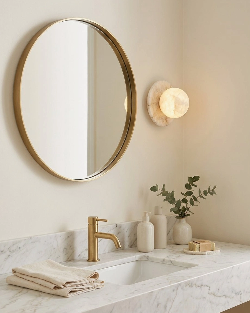 Mia Ball Alabaster Wall Sconce installed in modern bathroom vanity with gold fixtures and round mirror, warm ambient lighting