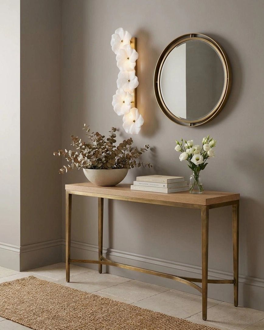 Alabaster Bloom Wall Sconce in small entryway, sculptural accent lighting on neutral wall