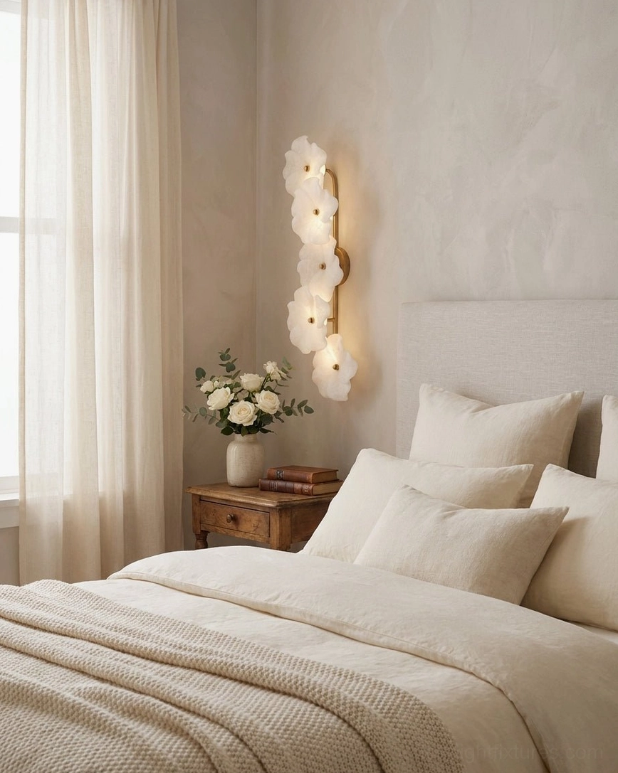 Alabaster Bloom Wall Sconce casting warm glow in master bedroom, romantic sculptural fixture