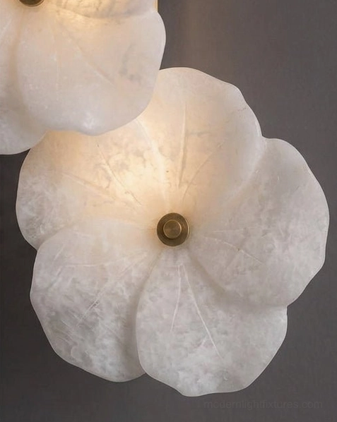 Alabaster Bloom Wall Sconce sculptural form, hand-carved botanical cluster with brass accents