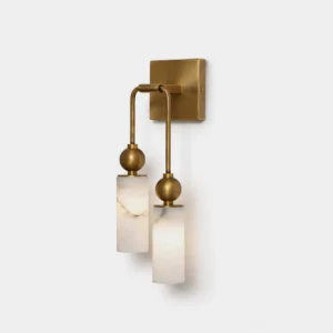 Modern alabaster brass wall sconce dual-head front view - contemporary minimalist bathroom lighting fixture with brushed brass and stone-like alabaster shades