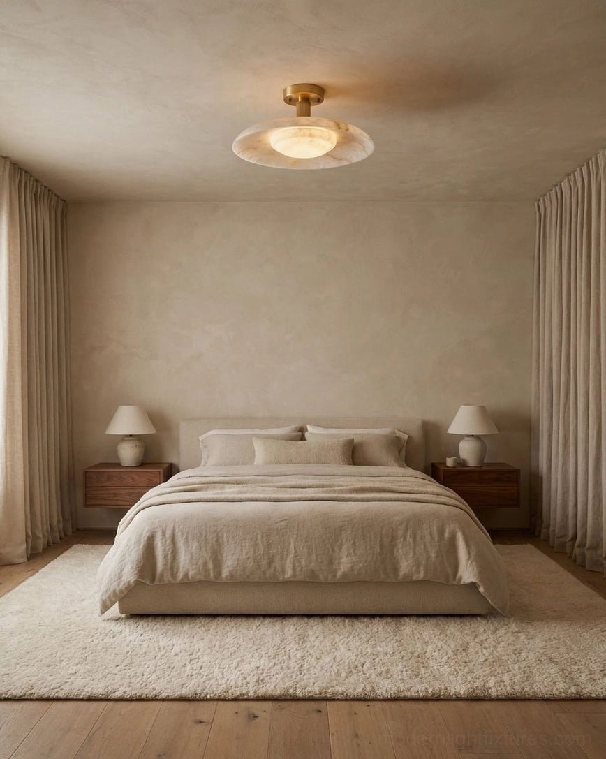 Warm white alabaster ceiling light in modern minimalist master bedroom interior