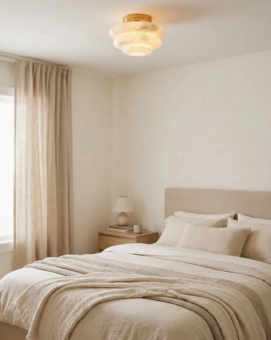 Alabaster flush mount lighting fixture installed in modern bedroom, overhead view showing warm glow through translucent stone