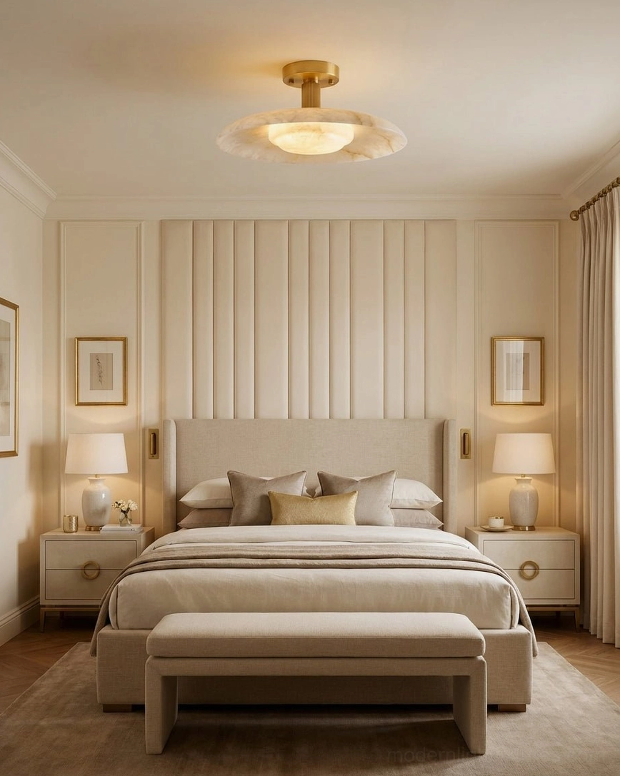 Warm white alabaster fixture in contemporary master bedroom with paneled headboard