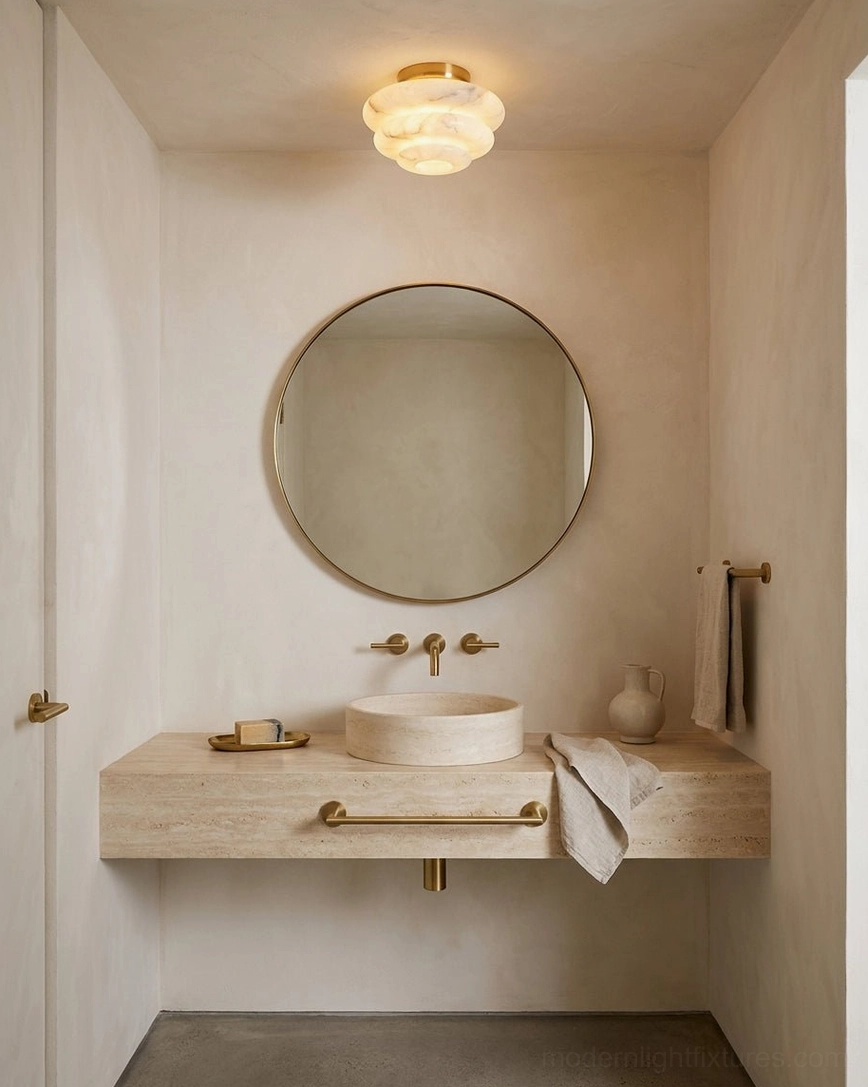 Alabaster flush mount in powder room vanity with mirror, soft warm light for bathroom ambient lighting