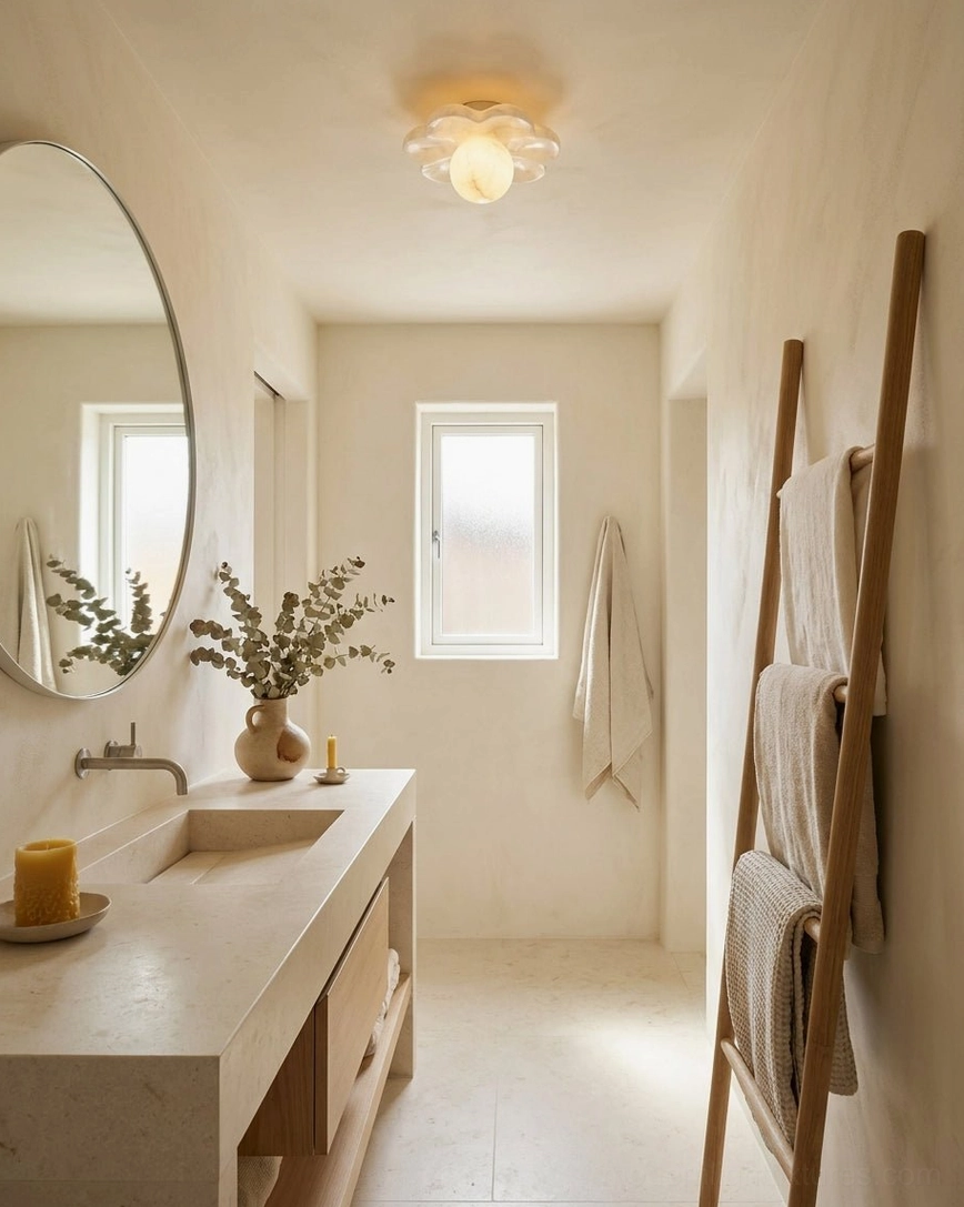 Carved alabaster flower flush mount in dry-zone powder room with double sink vanity, round mirror, and wooden towel rack