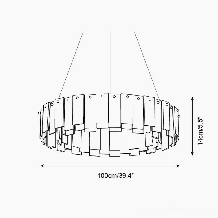 Technical line drawing of extra-large 100cm alabaster chandelier, 39.4 inches diameter x 5.5 inches height specifications, orthographic CAD blueprint design