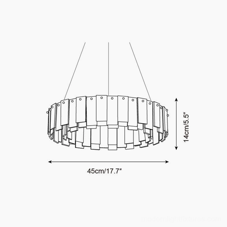 Technical orthographic drawing blueprint of single-tier alabaster chandelier, specifications 45cm diameter x 14cm height with measurements in metric and imperial units