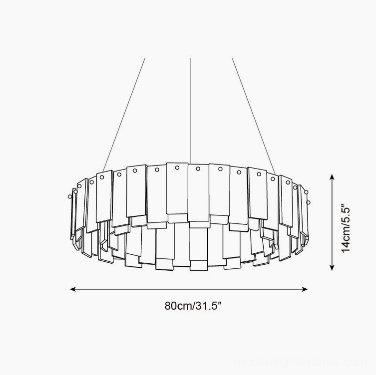 Technical orthographic blueprint drawing of large 80cm alabaster chandelier, 31.5 inches diameter specifications, architectural design drawing with dimensional measurements
