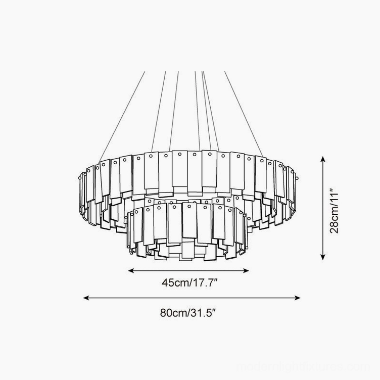 Technical orthographic drawing of dual-tier alabaster chandelier showing staggered configuration, 80cm+45cm diameter x 28cm height with dimensions in metric and imperial