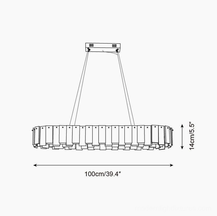 Technical blueprint of linear rectangular alabaster chandelier, 100cm length x 35cm width x 14cm height specifications, orthographic CAD design drawing with measurements