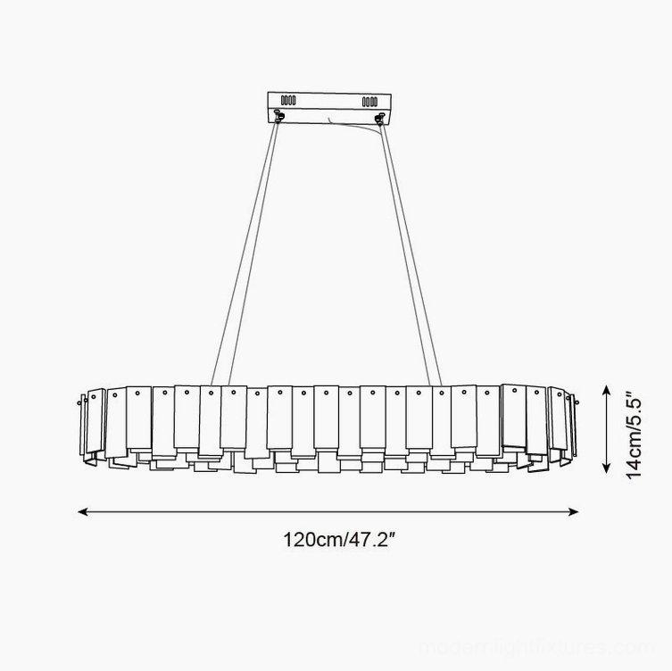 Technical orthographic drawing of large linear alabaster chandelier, 120cm length x 35cm width x 14cm height, rectangular pendant light CAD blueprint with dimensions