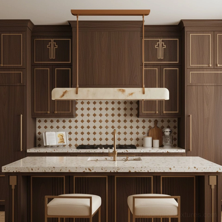 Luxury linear alabaster chandelier in dark wood kitchen with brass accents and tiled backsplash, warm lighting