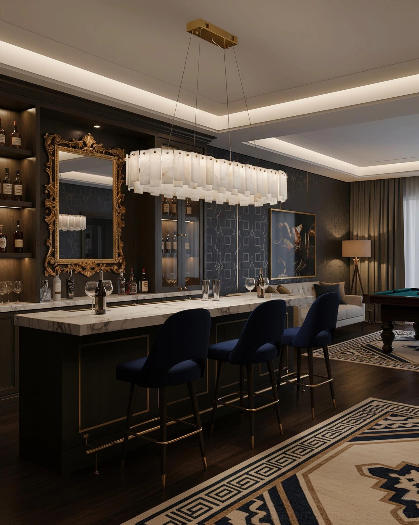 Natural alabaster chandelier hanging in elegant modern dining area, warm brass and stone light fixture providing sophisticated overhead illumination for luxury entertaining