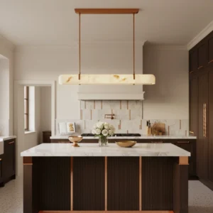Warm white LED chandelier illuminating luxury kitchen island with marble countertop, contemporary interior design lighting