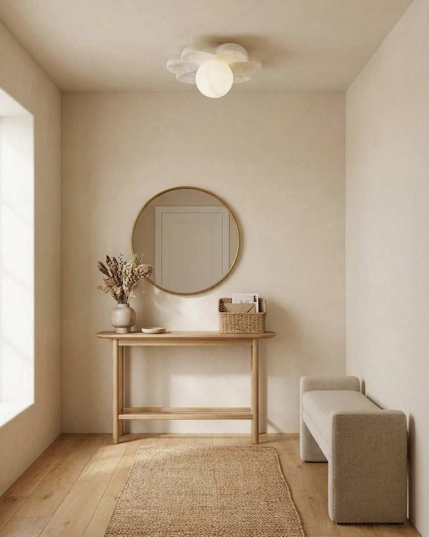 Alabaster carved flower flush mount ceiling fixture in minimalist vanity space with wooden console table and round wall mirror