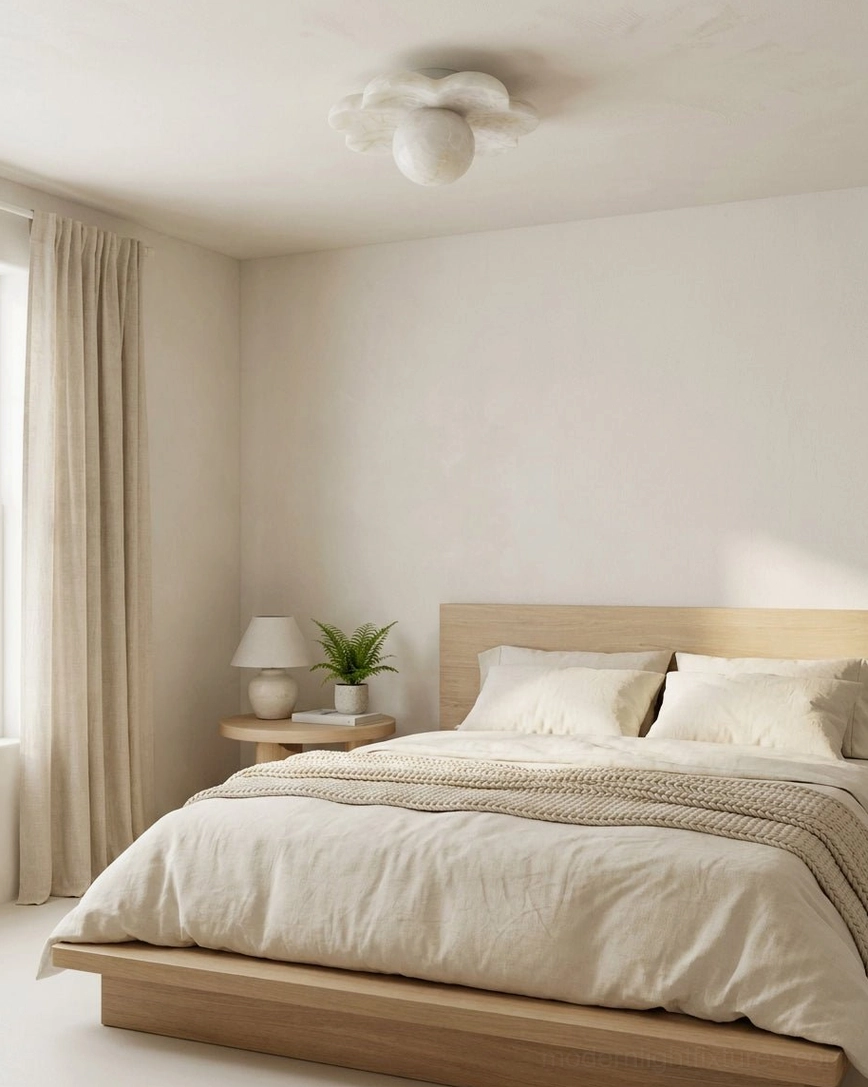 Alabaster flower flush mount ceiling light installed in modern master bedroom above wooden platform bed with warm ambient glow