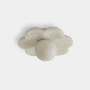 Carved natural alabaster flower flush mount ceiling light fixture with rounded petal lobes and brass canopy, top-down product view on neutral background
