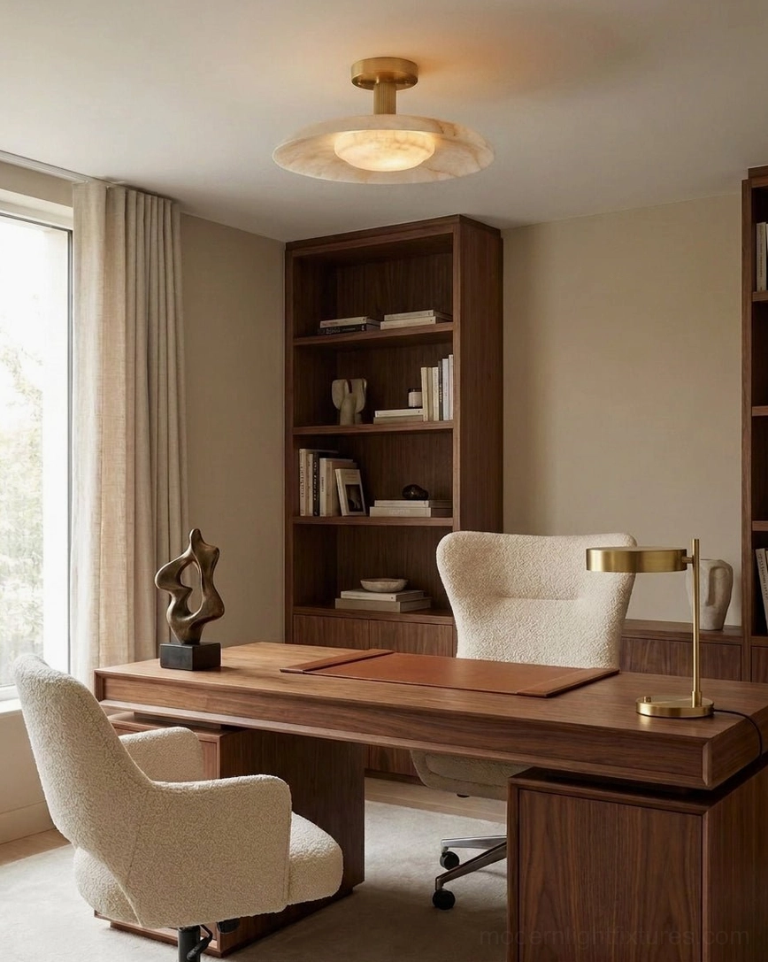 Alabaster semi-flush ceiling fixture above wood desk in modern home office workspace