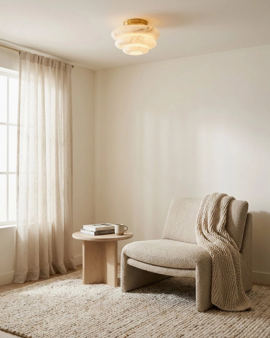 Tiered alabaster stone flush mount in living room lounge corner with sheer curtains and accent seating