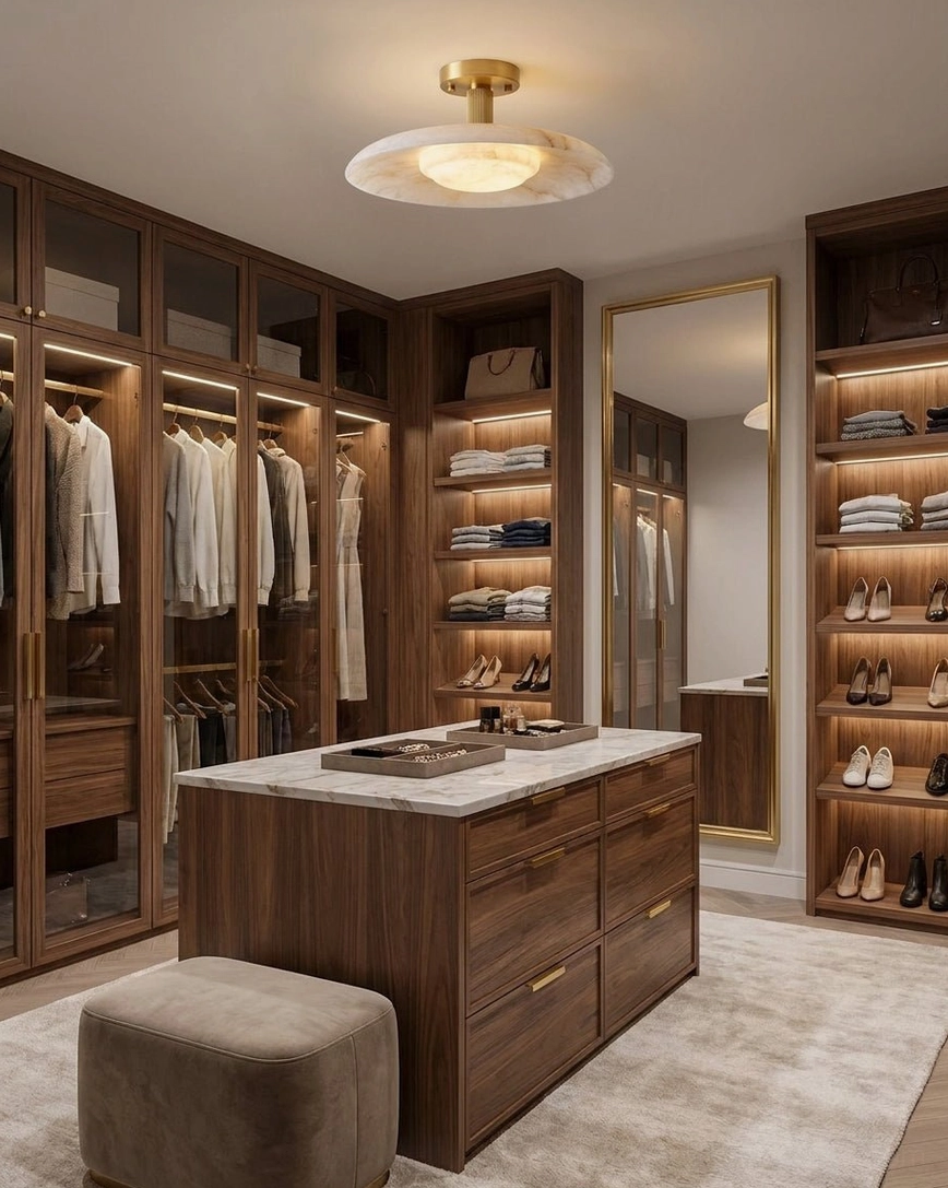 Warm brass and alabaster semi-flush light in luxury walk-in closet with wood cabinetry