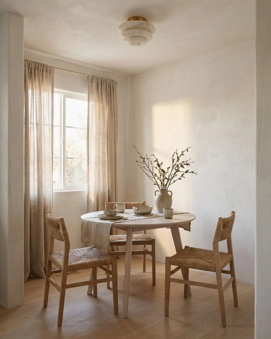 Alabaster ceiling light fixture over minimalist dining nook with natural wood table and window curtains