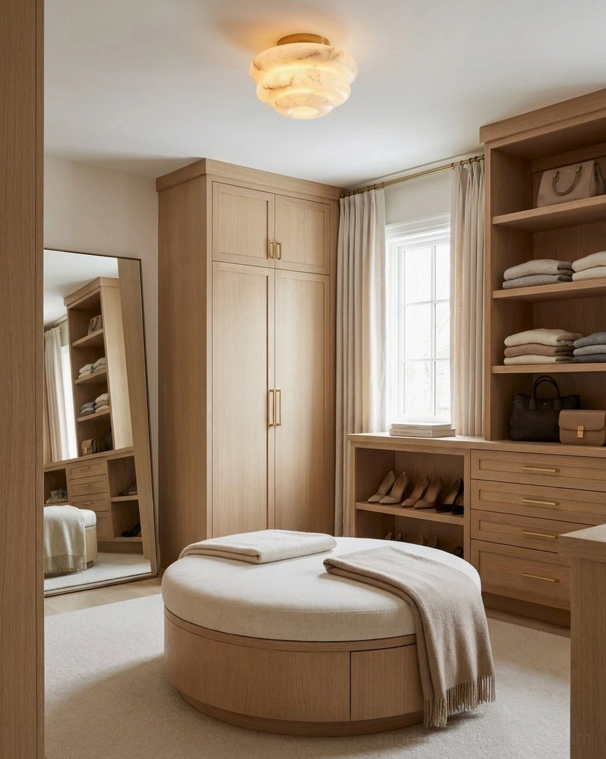 Tiered alabaster ceiling light in walk-in closet with built-in cabinetry, bright warm illumination for dressing rooms