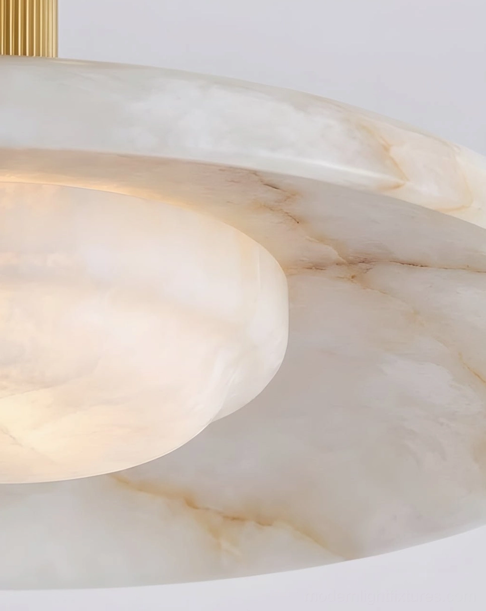 Natural white alabaster saucer with reeded brass stem semi-flush ceiling mount fixture