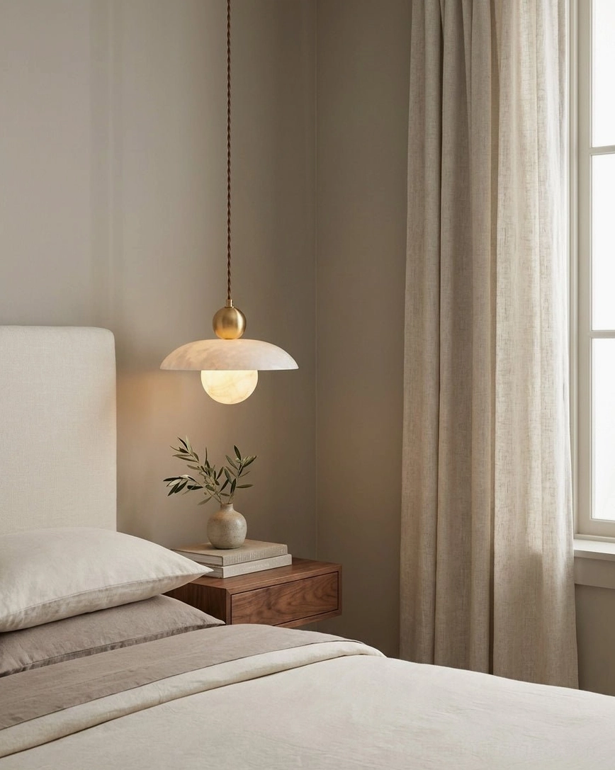 Alabaster pendant light suspended over bedside table with warm neutral bedroom decor and natural window lighting