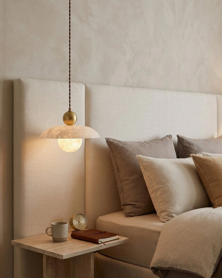 Alabaster pendant light over bedroom bedside with upholstered headboard and layered throw pillows in cozy bedroom