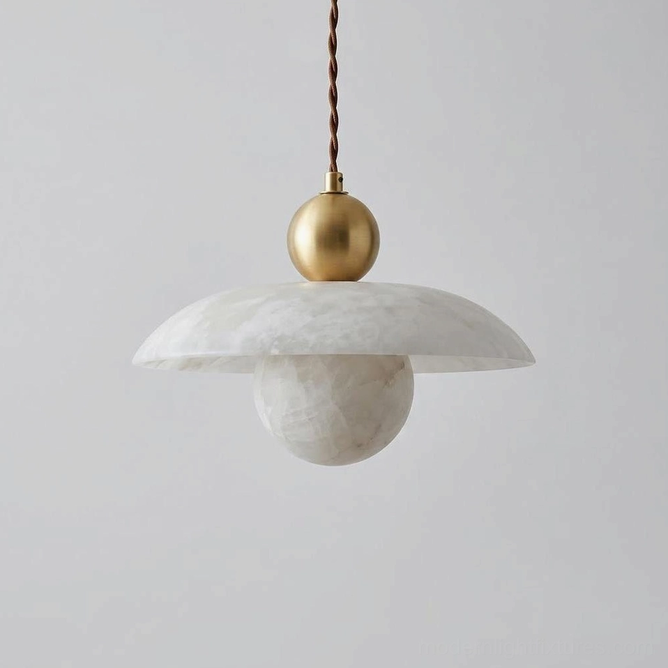 Natural alabaster and brass pendant light, detailed studio close-up showing layered stone shade and spherical brass fixture