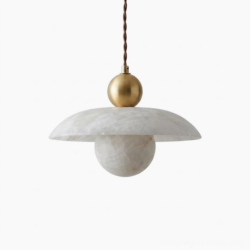 Natural alabaster and brass pendant light with G9 socket, complete fixture assembly showing stone veining and materials