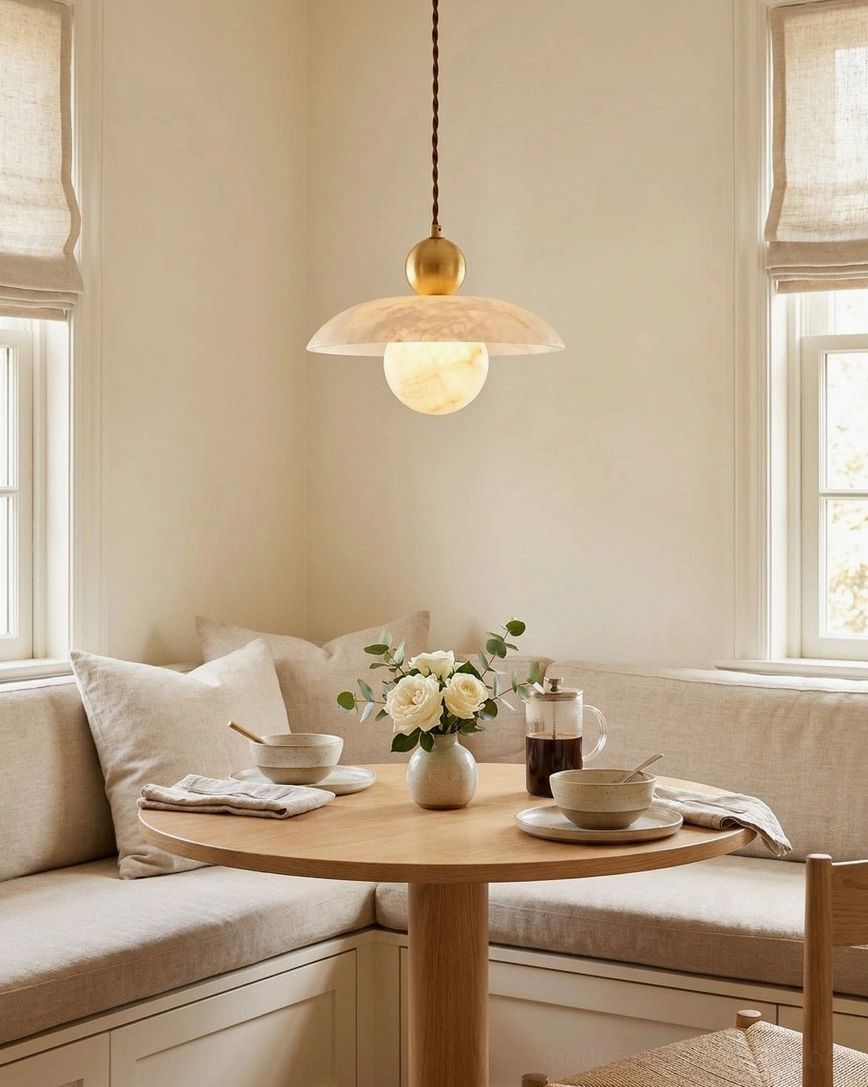Alabaster pendant light over upholstered dining banquette nook with natural window light and warm interior styling