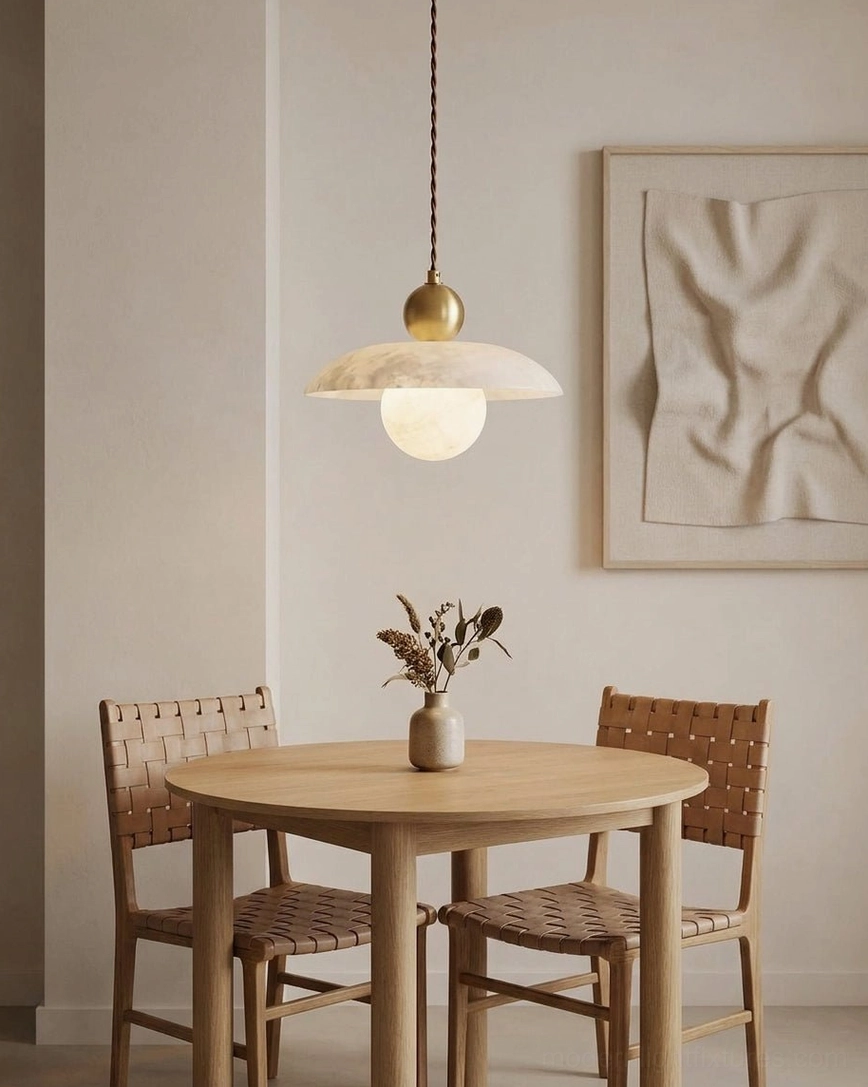 Alabaster pendant light above small dining table with wood chairs and minimalist wall art in contemporary interior