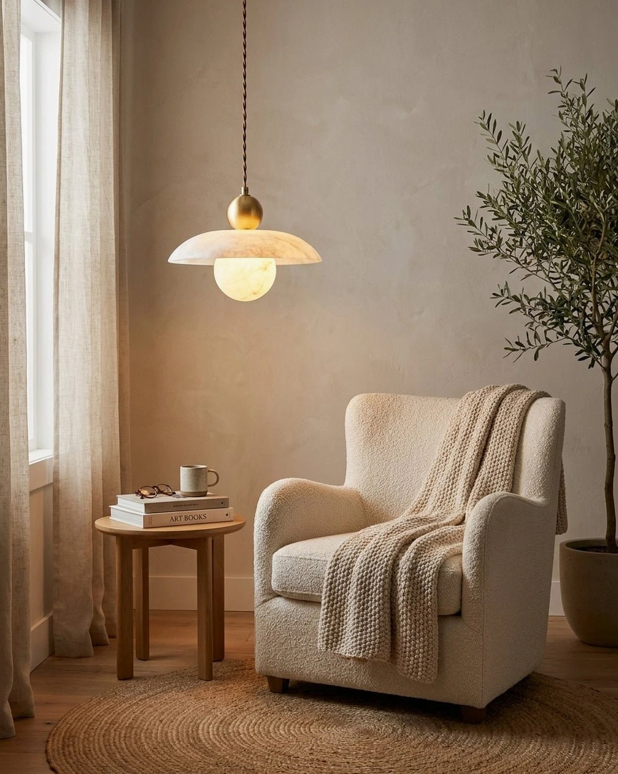 Alabaster pendant light in living room corner with accent armchair, potted plant, and side table contemporary space